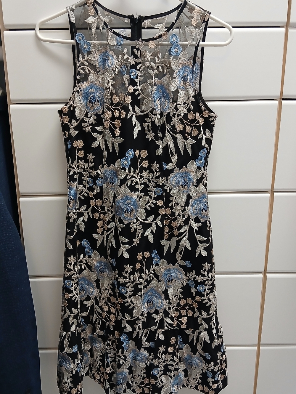 White House Black Market Black Midi Dress with Blue and Cream Floral Embroidery